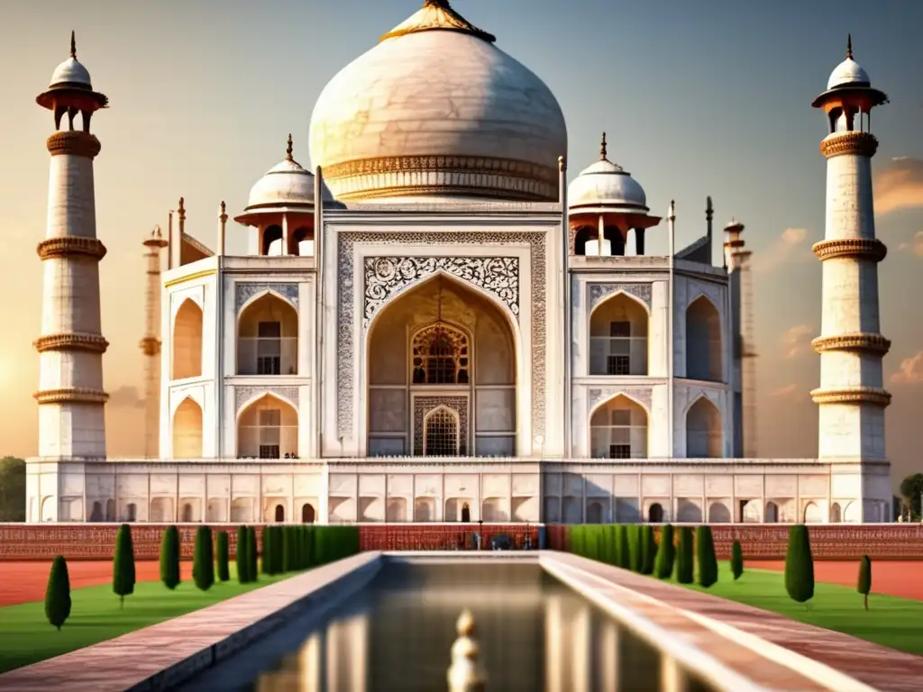 Construcción detallada del Taj Mahal: artesanía meticulosa en mármol Un detallado y emotivo retrato de la construcción del Taj Mahal, mostrando la meticulosidad y grandiosidad de la obra