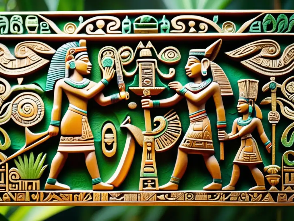 Un detallado grabado maya con figuras míticas y símbolos, en colores vibrantes y detalles intrincados