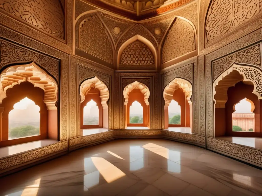 Un detallado interior del Taj Mahal, capturando el arte y poder de los Mughal en sus intrincados diseños de mármol y patrones florales