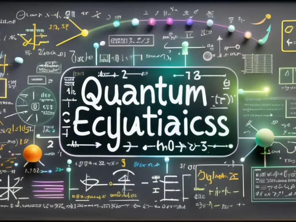Un detallado y luminoso pizarrón lleno de ecuaciones complejas y diagramas de mecánica cuántica y estadística, resaltados con tiza de colores