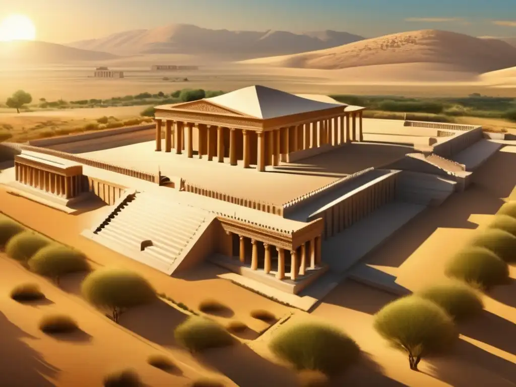Un detallado y majestuoso dibujo digital de la antigua ciudad de Pasargadae, la capital del Imperio Aqueménida fundada por Ciro el Grande