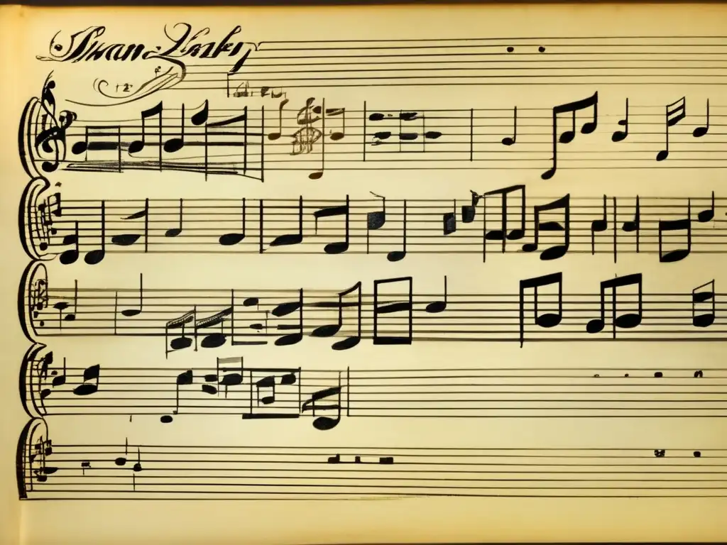 Un detallado manuscrito sepia de la partitura de 'El lago de los cisnes' de Pyotr Ilyich Tchaikovsky, iluminado por luz natural