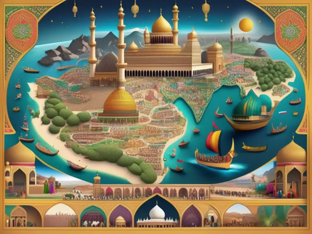 Un detallado mapa 8k de AlMasudi muestra festividades islámicas con ricos detalles