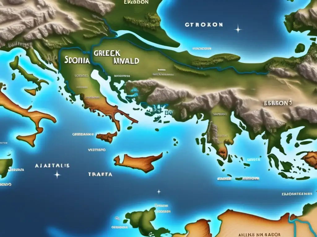 Un detallado mapa digital 8k del mundo griego antiguo descrito por Estrabón, con colores vibrantes y detalles precisos