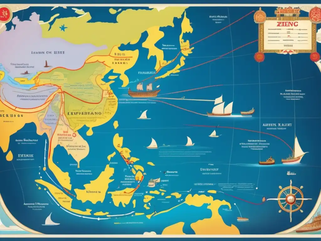 Un detallado mapa de las expediciones marítimas de Zheng He, con colores vibrantes e ilustraciones intrincadas de barcos, puertos y puntos de referencia