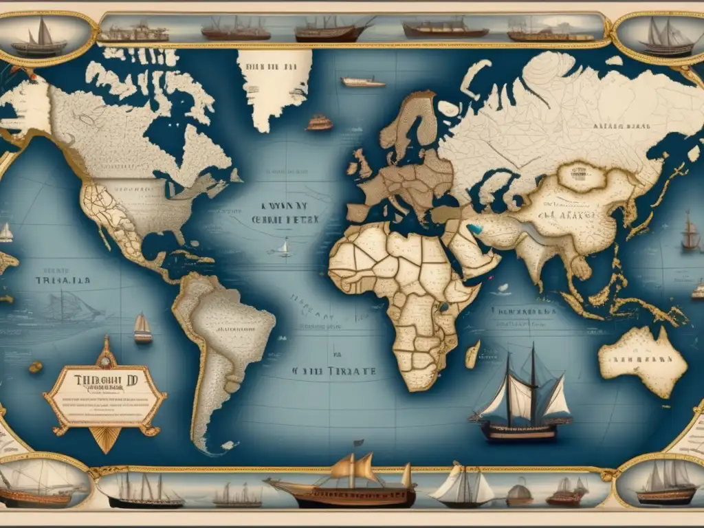 Un detallado mapa histórico en 8k muestra las rutas comerciales triangulares, con ilustraciones intrincadas de barcos, bienes y puertos