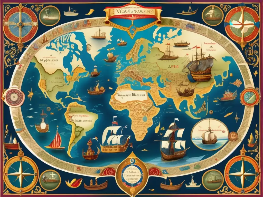 Un detallado mapa medieval ilustra las expediciones de Enrique el Navegante, con barcos, monstruos marinos y tierras exóticas, en colores vibrantes y decoraciones elaboradas