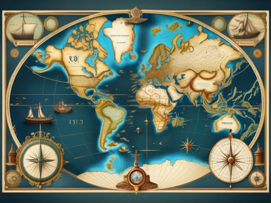 Un detallado mapa del mundo antiguo, con costas, rutas comerciales y monstruos marinos, evocando la época de Enrique el Navegante