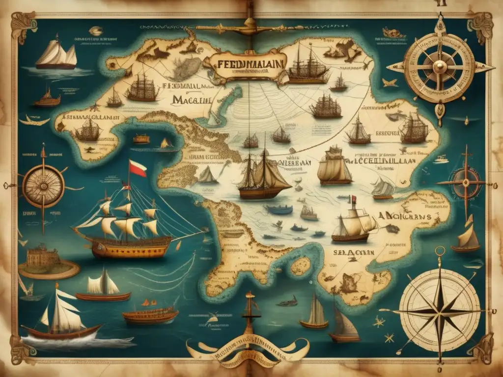 Un detallado mapa náutico antiguo de la expedición marítima de Ferdinand Magellan, con ilustraciones de monstruos marinos, barcos y criaturas míticas