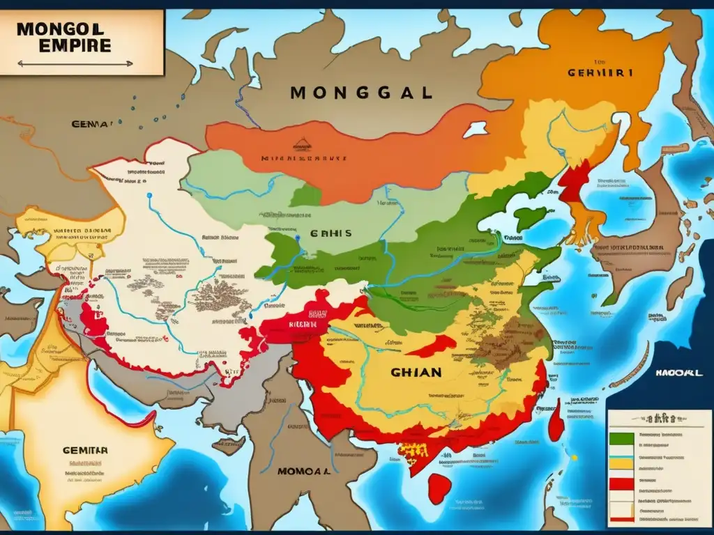 Un detallado mapa en ultra alta definición muestra las estrategias militares de Genghis Khan y la expansión del Imperio Mongol
