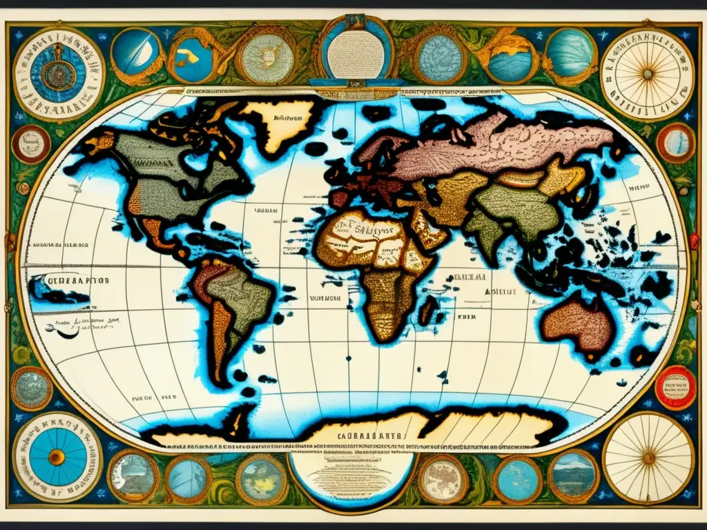 Un detallado mapa vintage creado por Gerardus Mercator, con elementos cartográficos ornamentados que capturan su impacto en la cartografía mundial