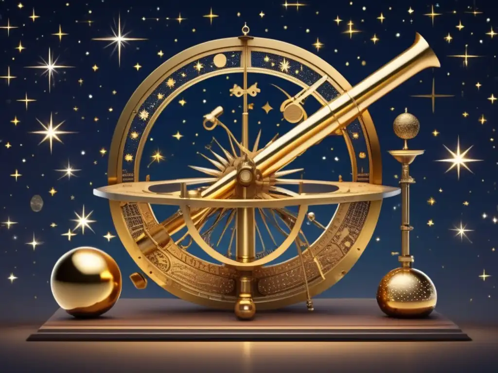 Un detallado y moderno render digital de los instrumentos astronómicos de Tycho Brahe, iluminados por una suave luz cálida, contra un cielo estrellado