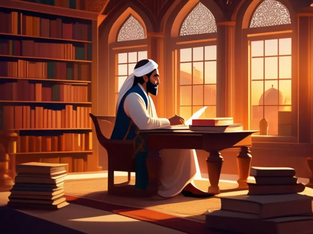 Un detallado y moderno retrato digital del filósofo y escritor Ibn Tufail en su escritorio, rodeado de libros y pergaminos