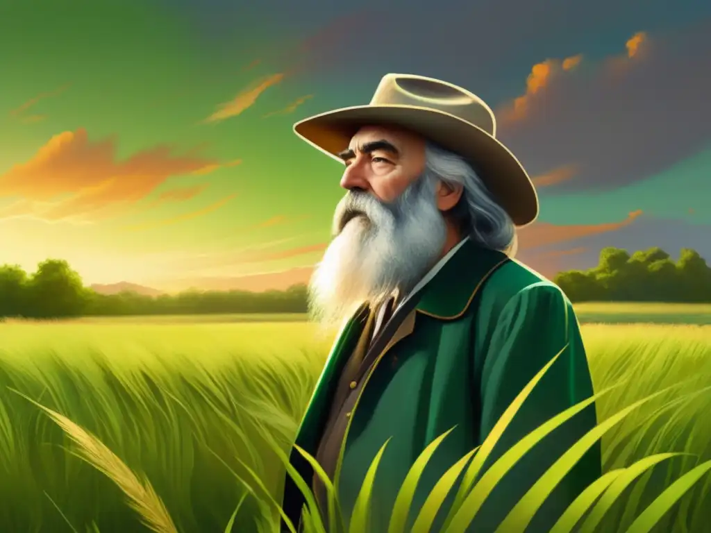 Un detallado y moderno retrato digital de Walt Whitman en una pradera de hierba alta, con una expresión contemplativa