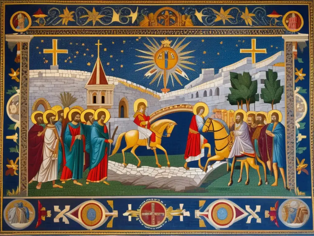 Un detallado mosaico de Constantino unificando el imperio y el cristianismo, con colores vibrantes y patrones intrincados
