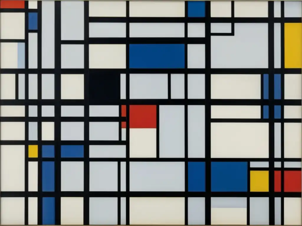 Un detallado primer plano en alta resolución de la famosa obra de Piet Mondrian 'Composición con Rojo, Azul y Amarillo'