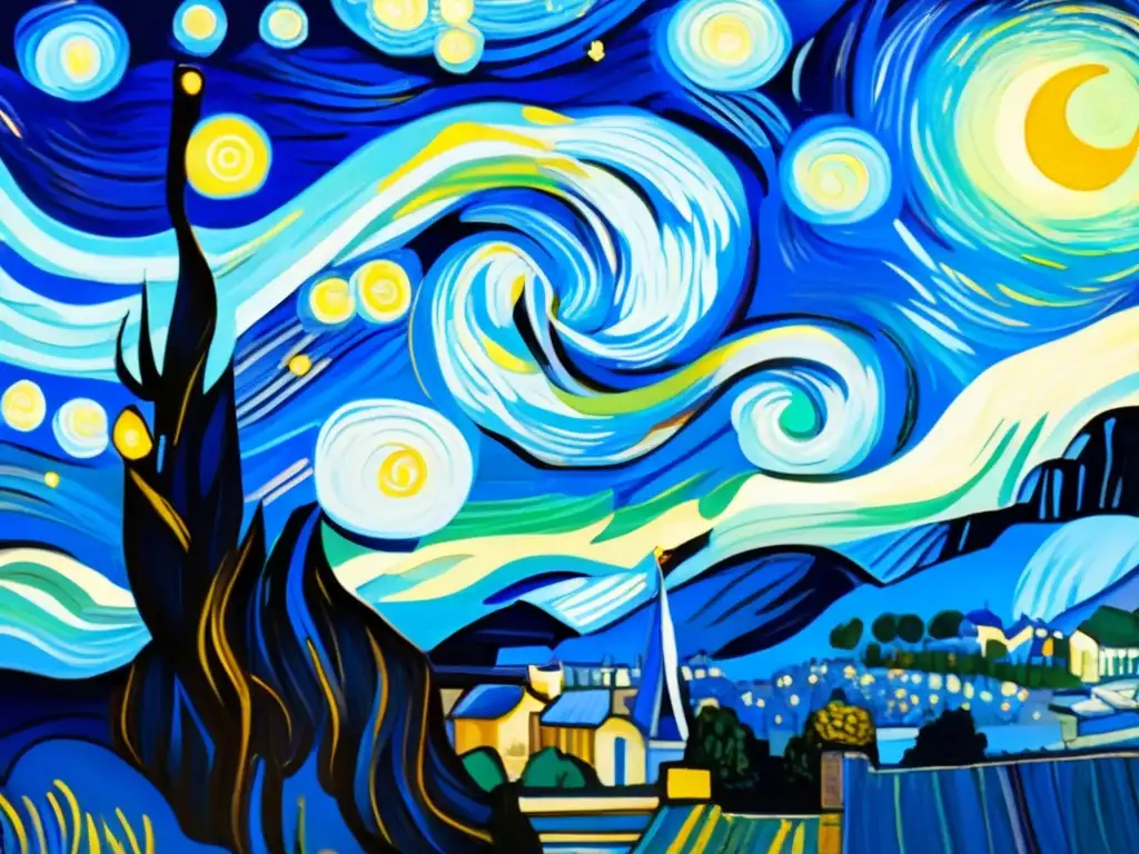 Un detallado primer plano en alta resolución de 'La noche estrellada' de Vincent van Gogh, muestra la intrincada pincelada y los vibrantes colores del remolino nocturno sobre el apacible pueblo