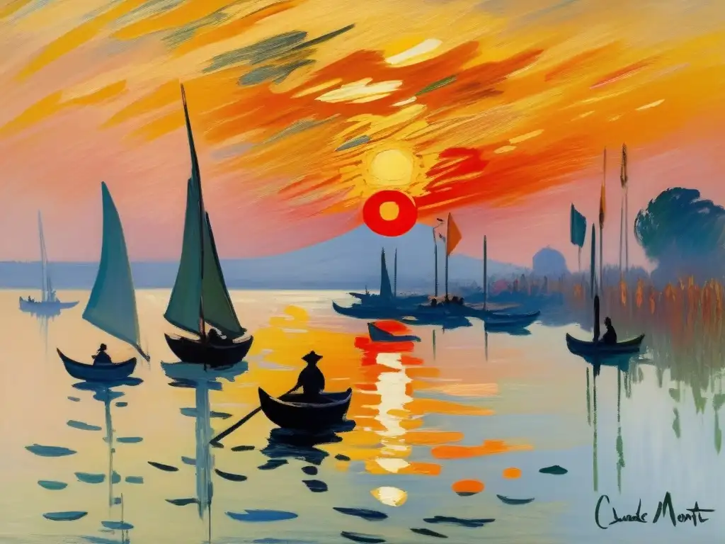 Un detallado primer plano de la famosa pintura 'Impresión, Amanecer' de Claude Monet, capturando la vibrante paleta de colores y la dinámica pincelada