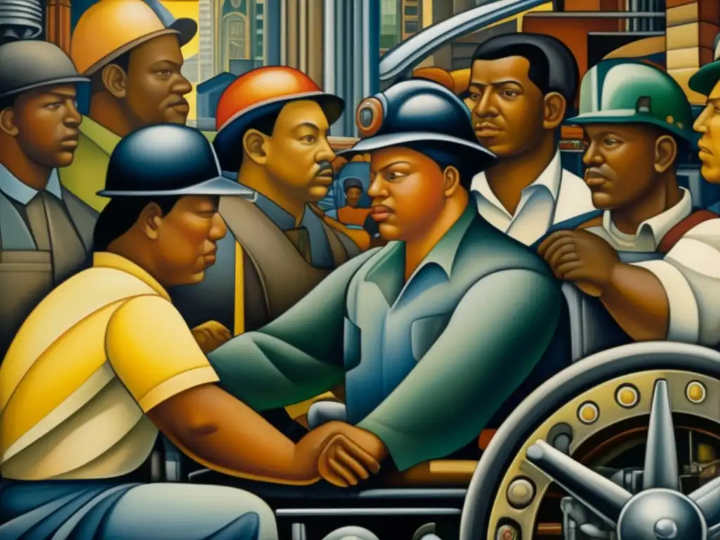 Un detallado primer plano del mural 'Detroit Industry' de Diego Rivera, resaltando la industria automotriz con colores vibrantes y detalles intrincados que muestran a los trabajadores, máquinas y la historia de la industria