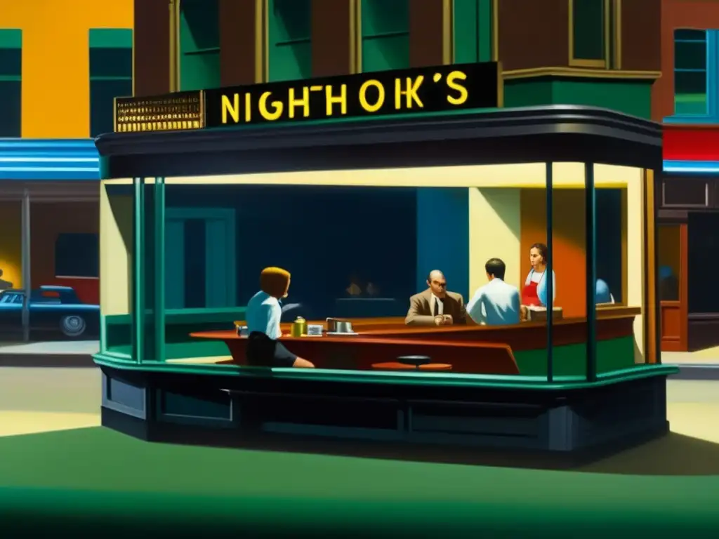 Un detallado primer plano de 'Nighthawks' de Edward Hopper, destacando su realismo crítico y la atmósfera cinematográfica del escenario del diner