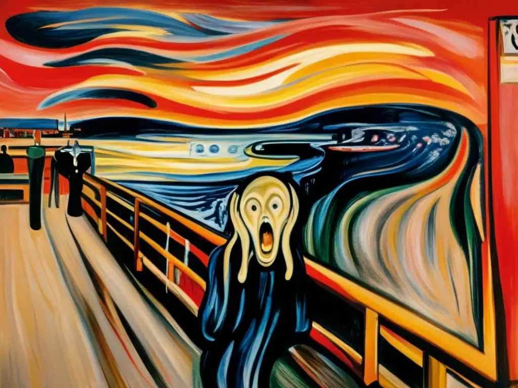 Un detallado retrato en alta resolución de 'El Grito' de Edvard Munch, con la figura angustiada en un puente y un cielo rojo sangre, capturando la intensa emoción y la angustia existencial que caracteriza la icónica obra del Expresionismo noruego