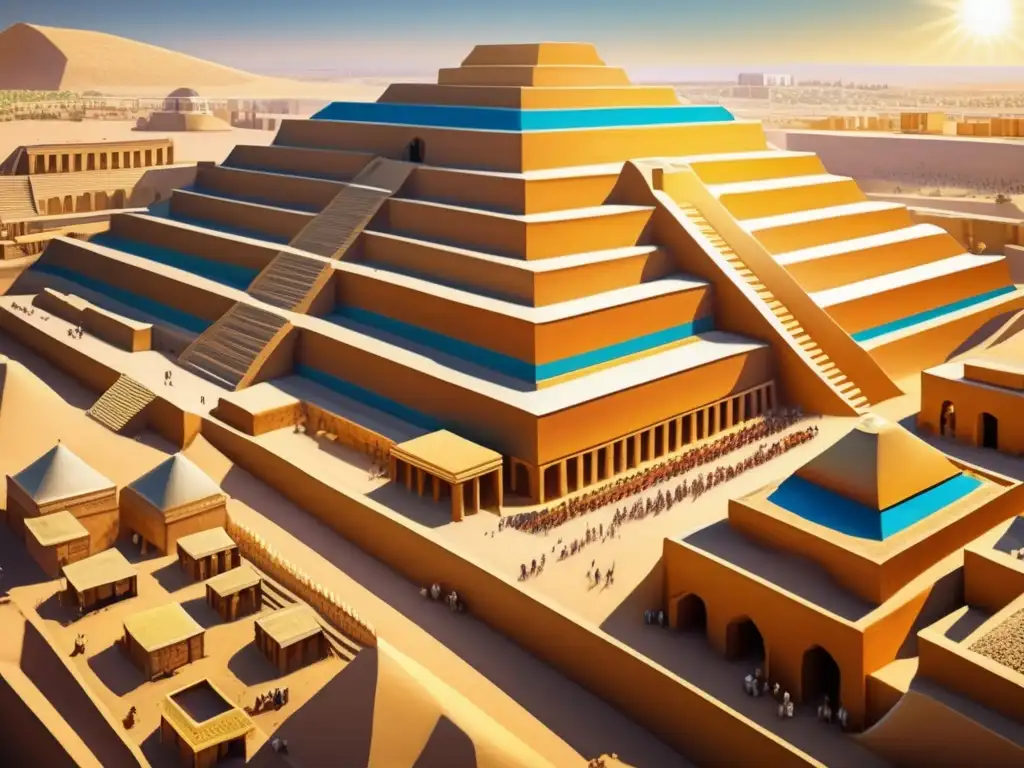 Un detallado retrato de la antigua ciudad de Ur en Mesopotamia, con su ziggurat y edificios circundantes, detallados grabados y colores vibrantes