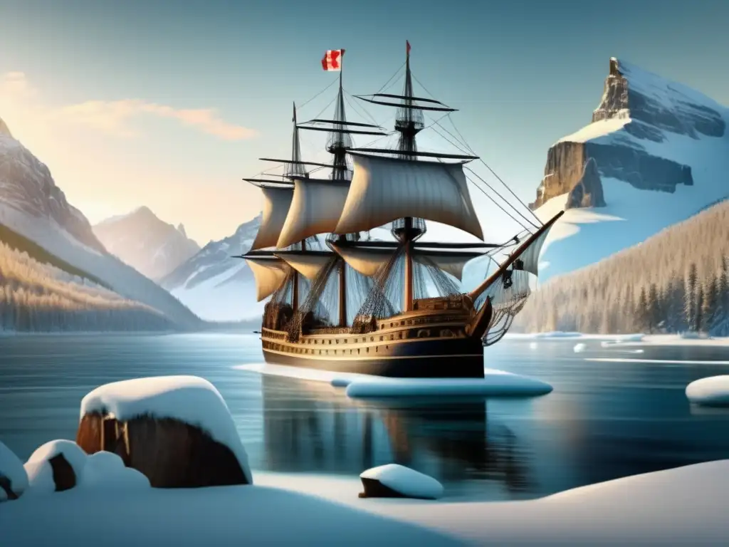 Un detallado retrato en 8k del barco de Jacques Cartier navegando entre aguas heladas, con la naturaleza salvaje de Canadá de fondo
