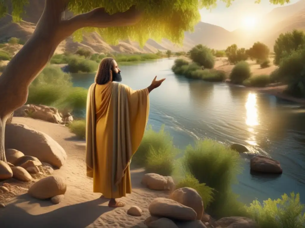 Un detallado retrato en 8k de Juan el Bautista junto al río Jordán, transmitiendo un mensaje de conversión con intensa convicción
