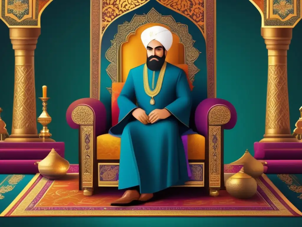 Un detallado retrato digital del visir Nizam alMulk, en un trono majestuoso rodeado de símbolos de educación y poder
