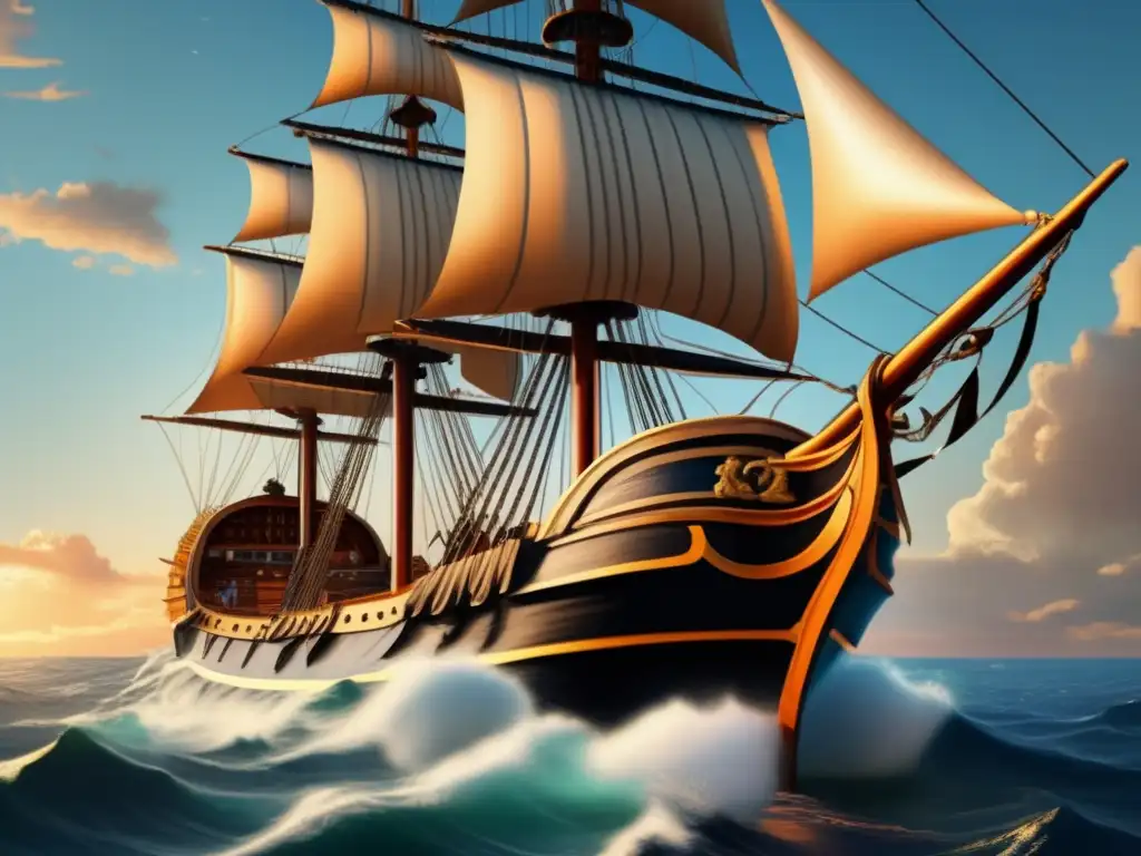 Un detallado retrato digital de Amerigo Vespucci, verdadero descubridor de América, de pie en la proa de un barco, mirando hacia el vasto océano con determinación y curiosidad