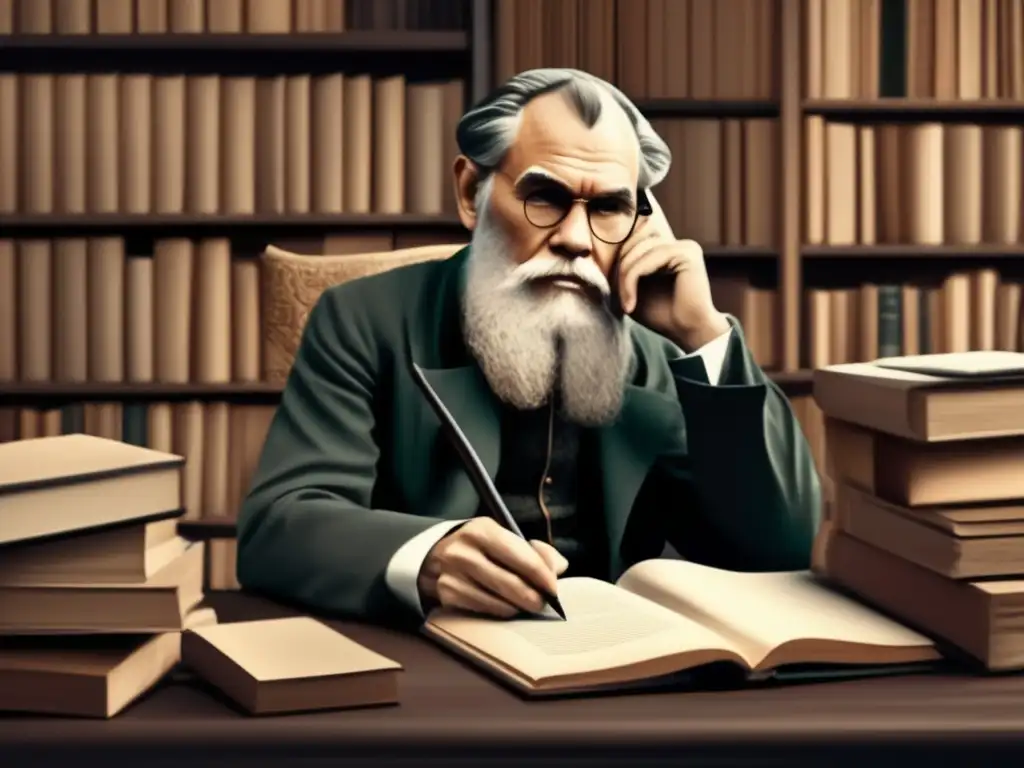 Un detallado retrato digital en blanco y negro de Leo Tolstoy, reflejando su legado literario y visión intelectual