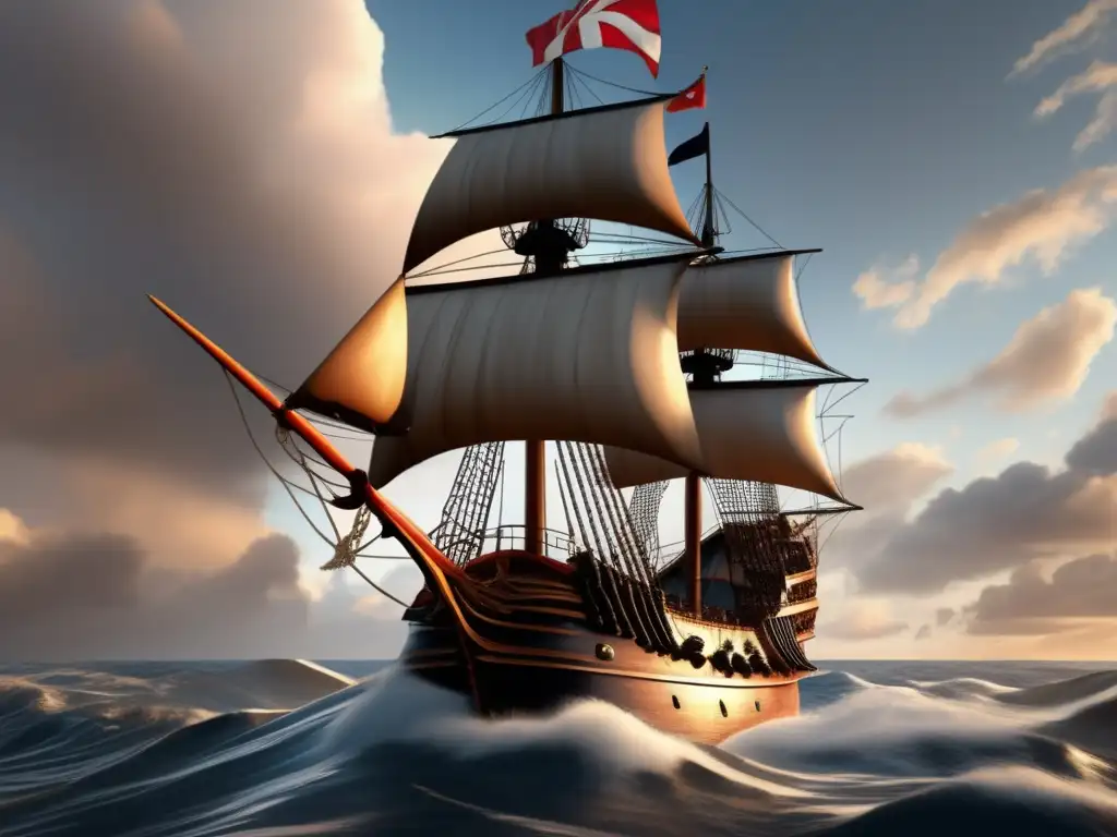 Un detallado retrato digital de Sir Francis Drake en la cubierta de su barco, con velas al viento y un cielo nublado