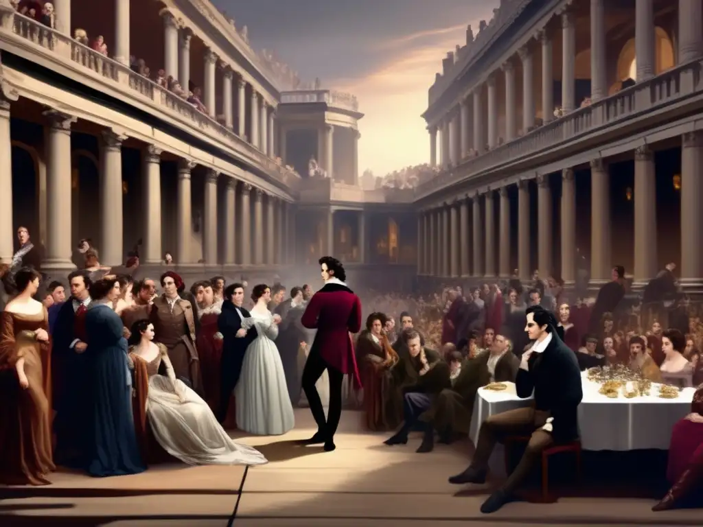 Un detallado retrato digital de una escena dramática de la vida de Lord Byron, rodeado de escándalo y controversia