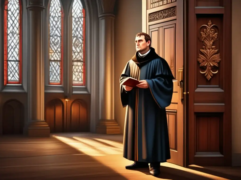 Martin Lutero desafiante: pintura digital ultra detallada- Un detallado retrato digital de Martín Lutero frente a las puertas de la Iglesia del Castillo de Wittenberg