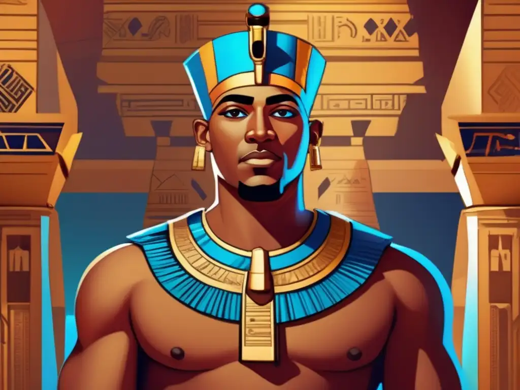 Un detallado retrato digital de Imhotep en la corte real, vestido con ropa egipcia tradicional adornada con patrones e símbolos intrincados