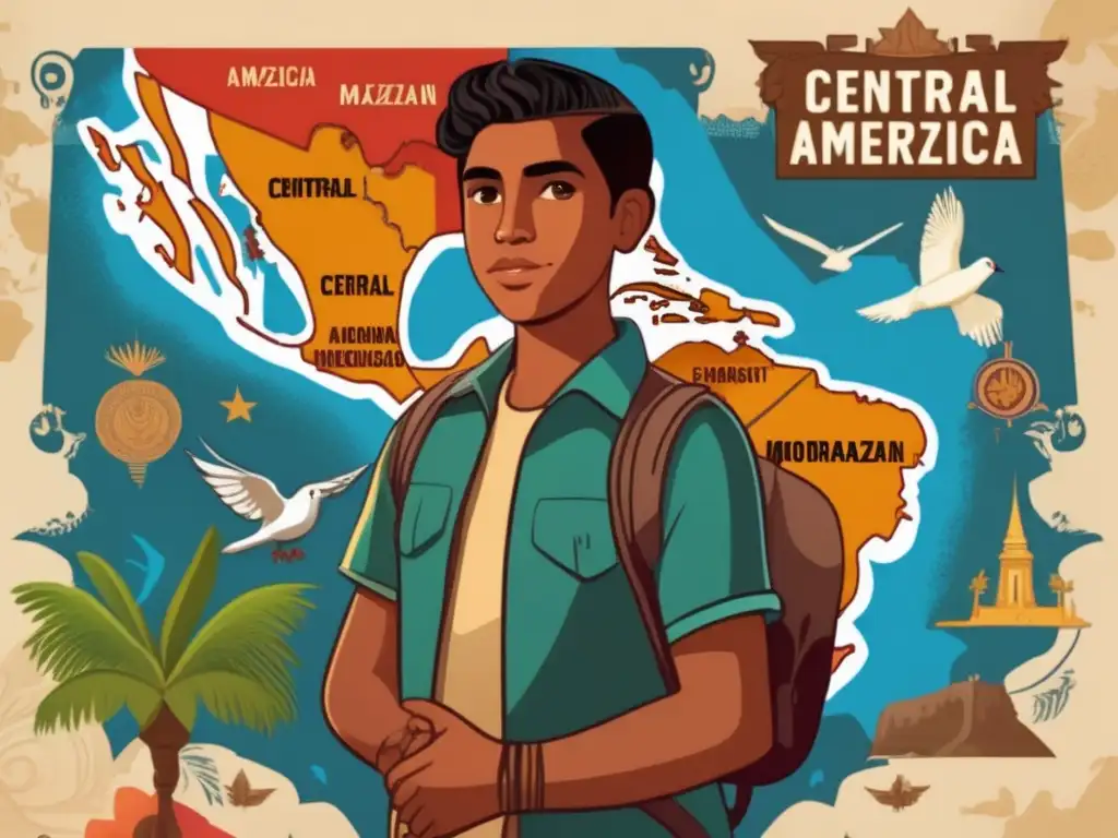 Un detallado retrato digital de un joven Francisco Morazán frente a un mapa de Centroamérica, rodeado de símbolos de unidad y progreso