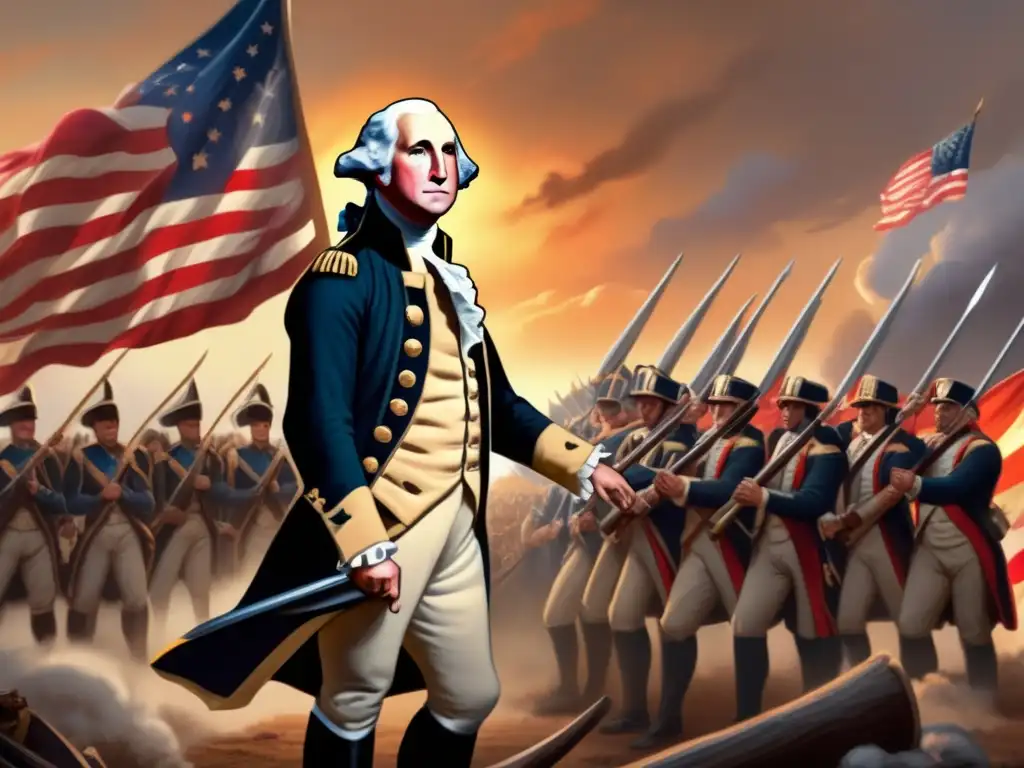 Un 8k detallado retrato digital representa a George Washington en medio de una batalla, con la bandera americana ondeando triunfante al fondo