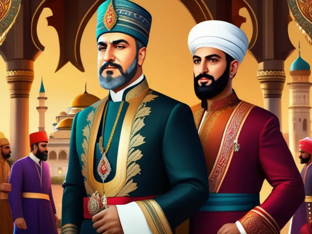 Un detallado retrato digital moderno de Pargalı İbrahim Paşa junto a Suleiman el Magnífico, ambos vestidos con lujosos atuendos otomanos