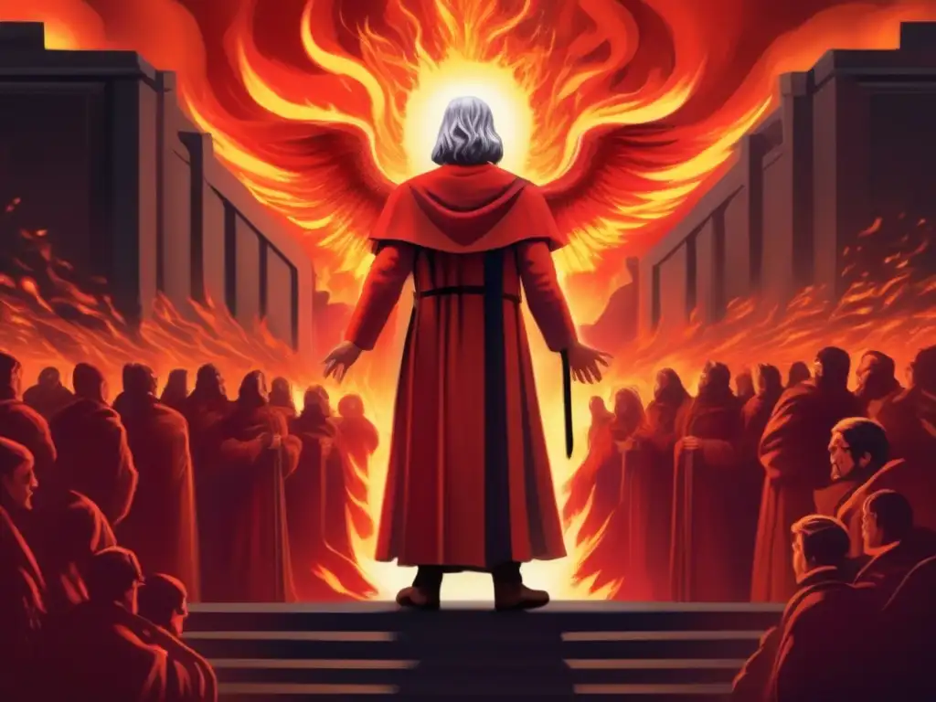Un detallado retrato digital de Dante Alighieri en las puertas del infierno, rodeado de llamas y almas torturadas
