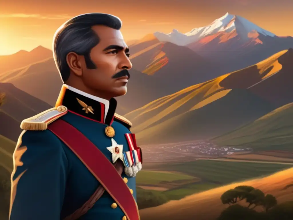 Un detallado retrato digital de Antonio José de Sucre, con el sol poniéndose detrás de él, y los Andes de fondo