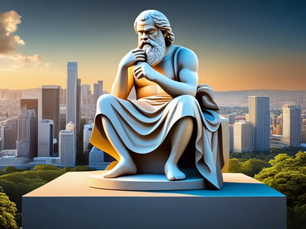 Un detallado retrato escultórico del filósofo Sócrates, inmerso en profundos pensamientos, con una ciudad contemporánea de fondo
