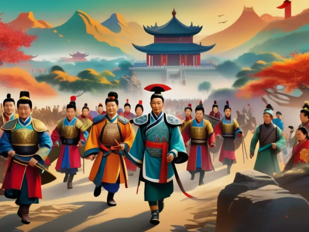 Un detallado retrato de Ban Chao liderando un grupo de exploradores a través del antiguo paisaje chino, destacando su significado cultural e histórico