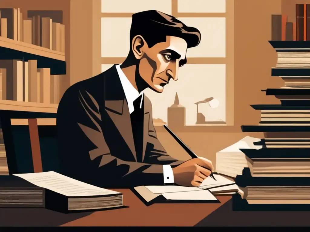 Un detallado retrato moderno de Franz Kafka en su escritorio, rodeado de montones de papeles y libros
