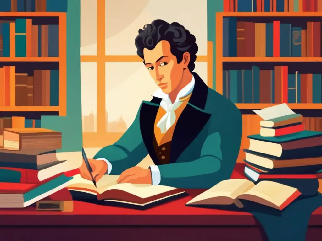 Época dorada de Pushkin: Joven escritor inmerso en la creatividad Un detallado retrato moderno de un joven Alexander Pushkin, en su escritorio rodeado de libros y papeles, concentrado en sus obras literarias