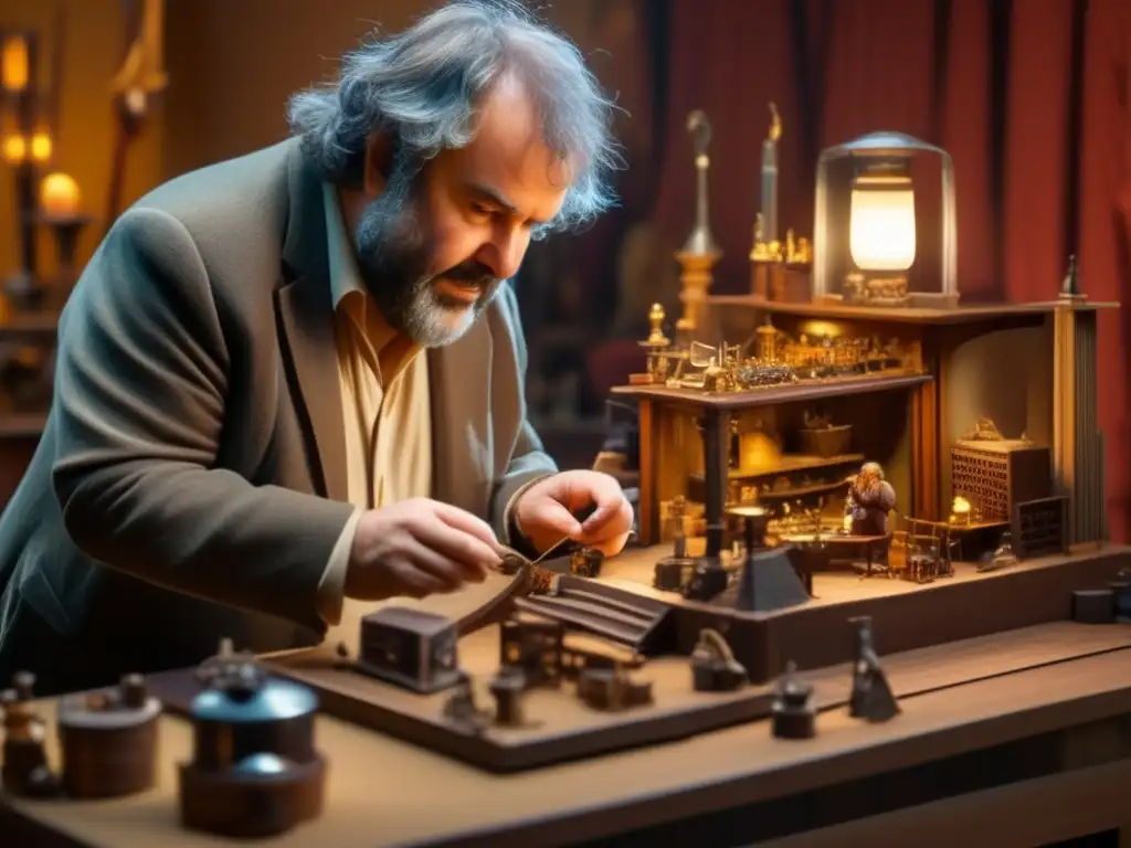 Peter Jackson director examina minuciosamente un detallado set de película rodeado de herramientas de filmación