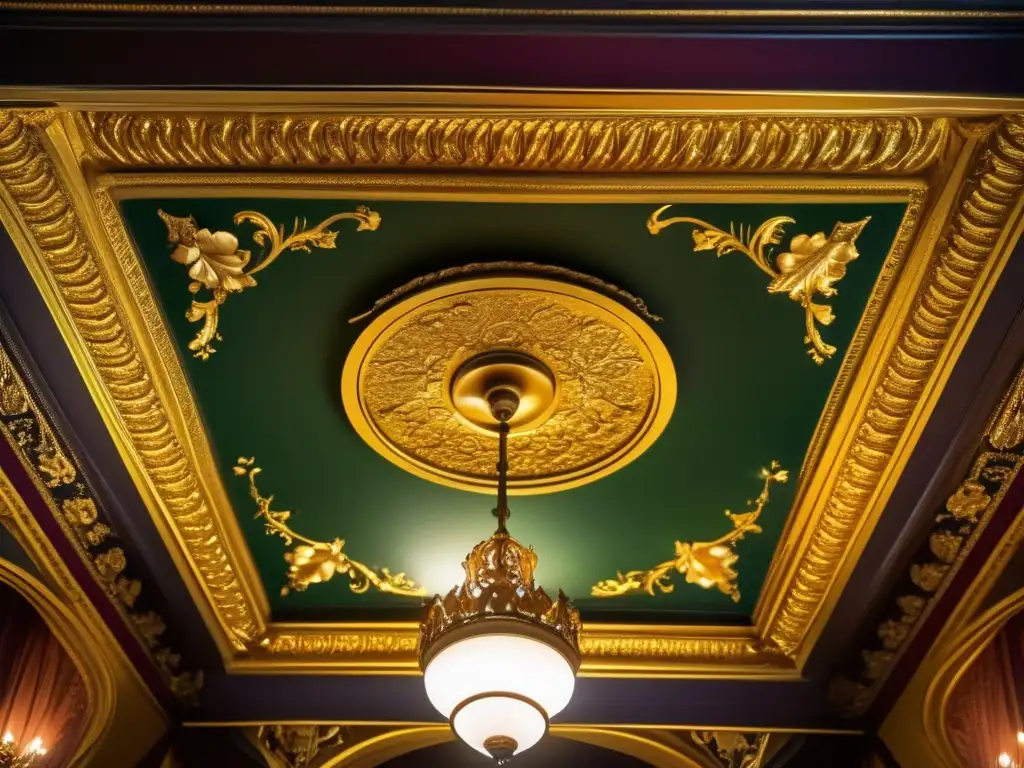 Detallado techo dorado de la mansión de la dinastía Rothschild, con patrones florales y una sensación de opulencia moderna