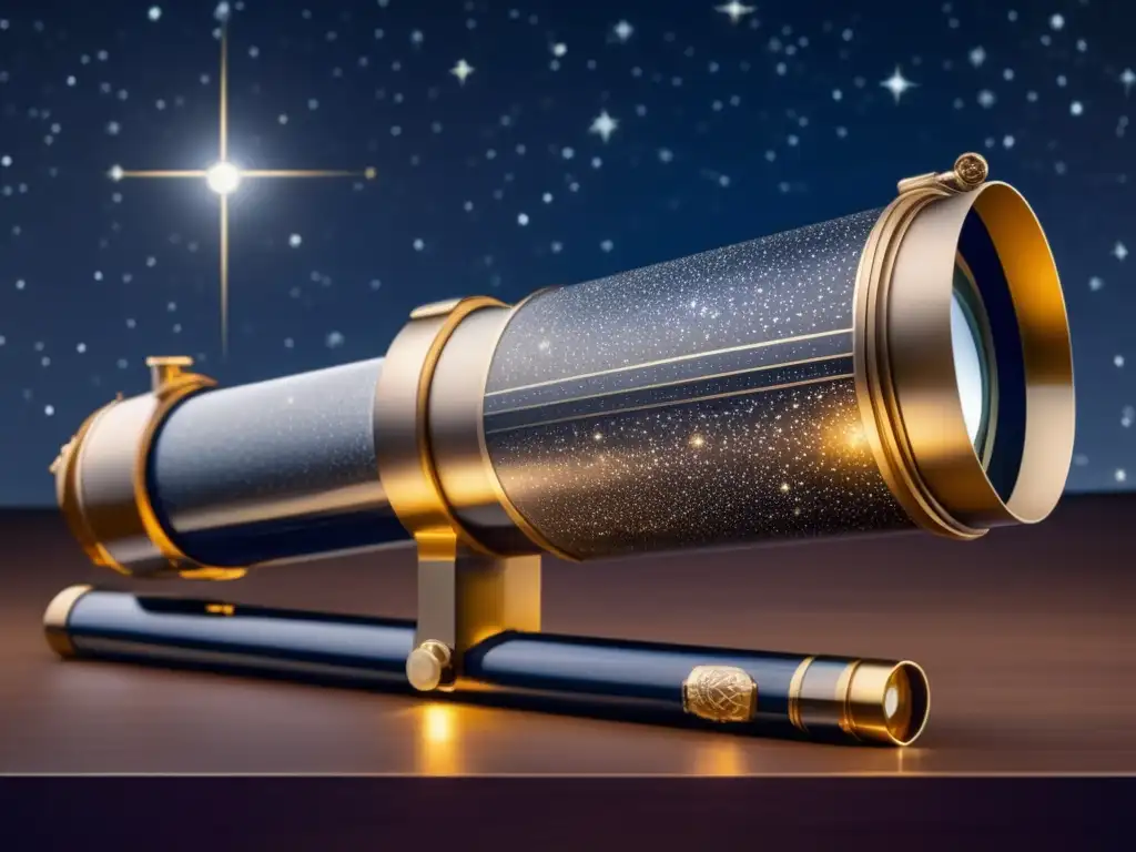 Un detallado telescopio personal de Johannes Kepler con intrincados grabados y artesanía precisa, reflejando el cielo nocturno y las estrellas en sus lentes pulidos, capturando la esencia de sus pioneras observaciones astronómicas y descubrimientos