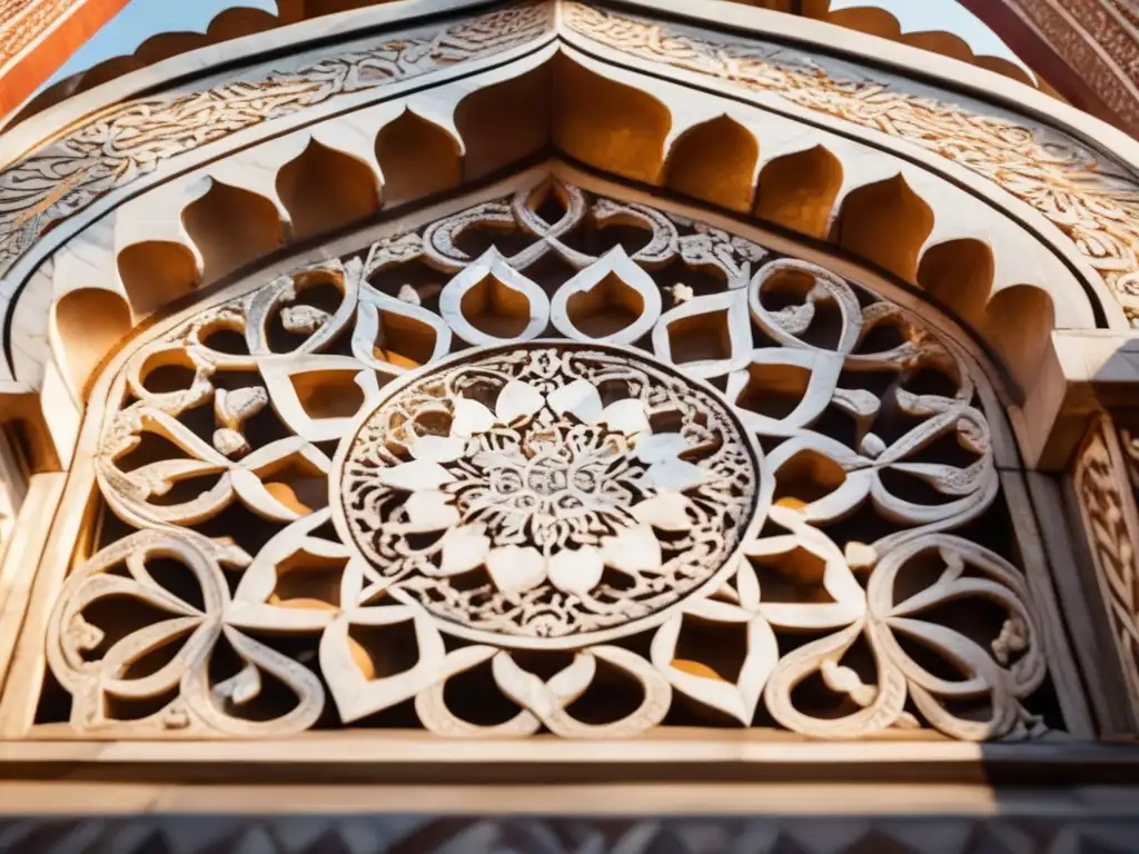 Detallado trabajo en mármol del Taj Mahal: patrones florales, caligrafía y sombras cálidas resaltan el arte y poder de los Mughal