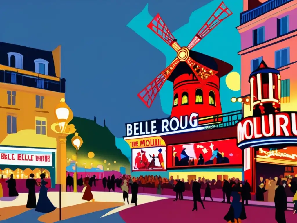 Un detallado y vibrante arte digital de la famosa pintura 'En el Moulin Rouge' de Toulouse Lautrec captura la energía y decadencia de Montmartre durante la Belle Époque, con el icónico molino rojo y sus personajes