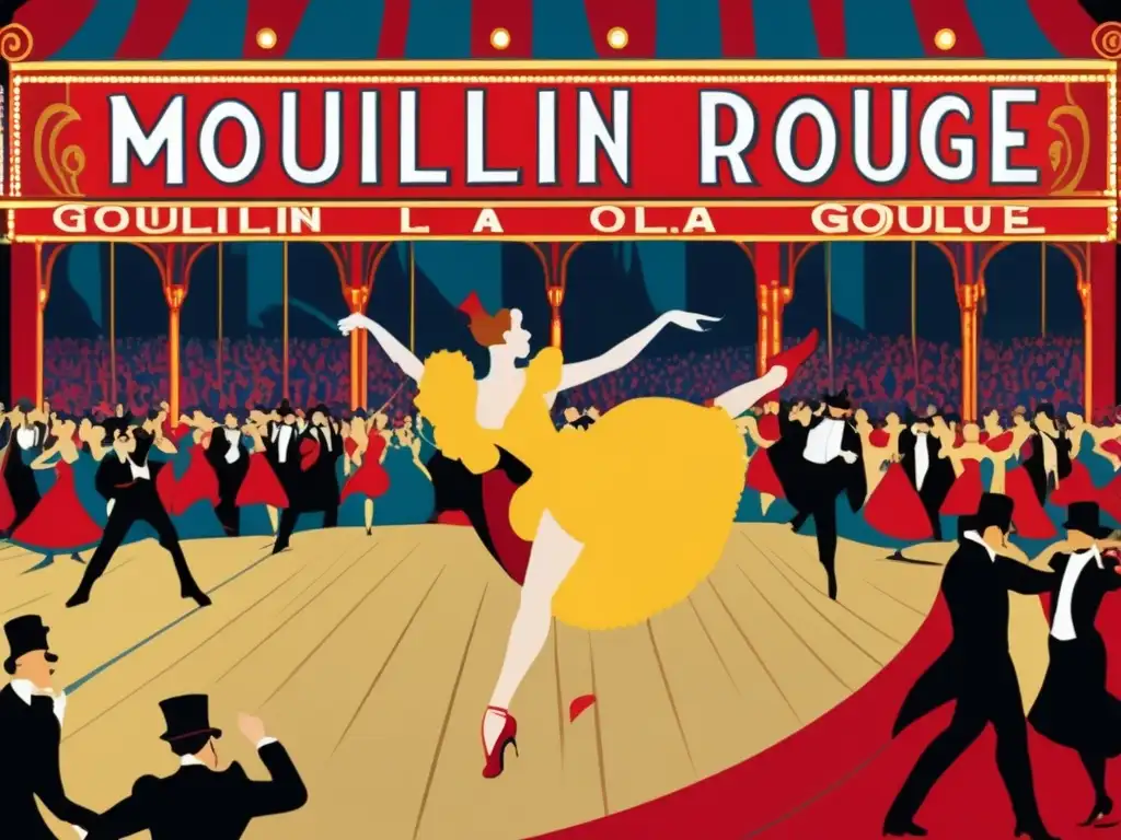Un detallado y vibrante cartel moderno de ToulouseLautrec, con La Goulue bailando en el Moulin Rouge